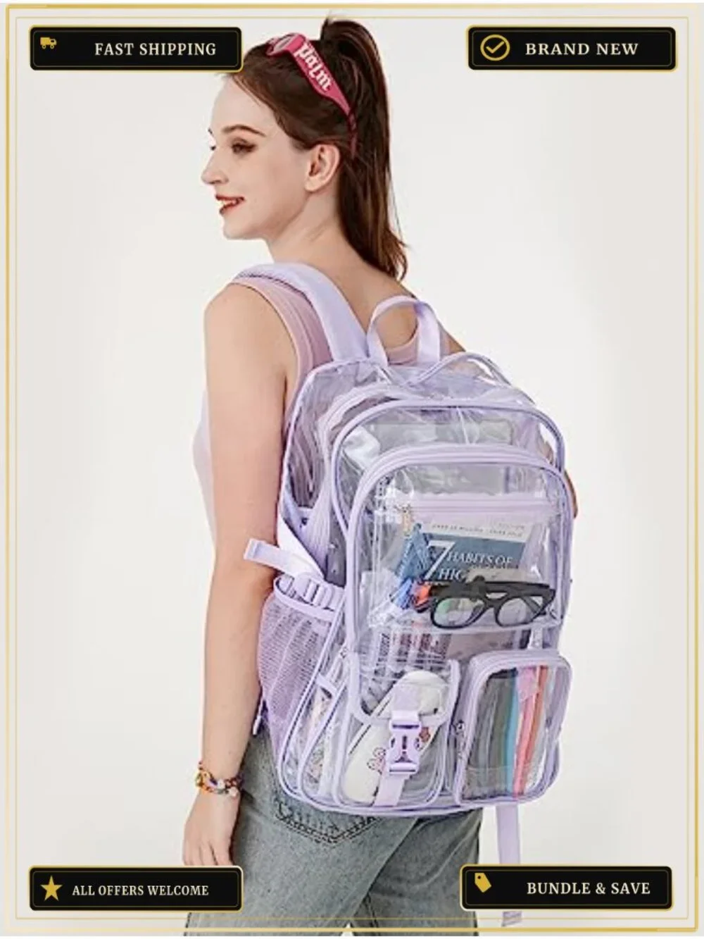 Large Clear Backpack PVC Heavy Duty Waterproof School Bookbag